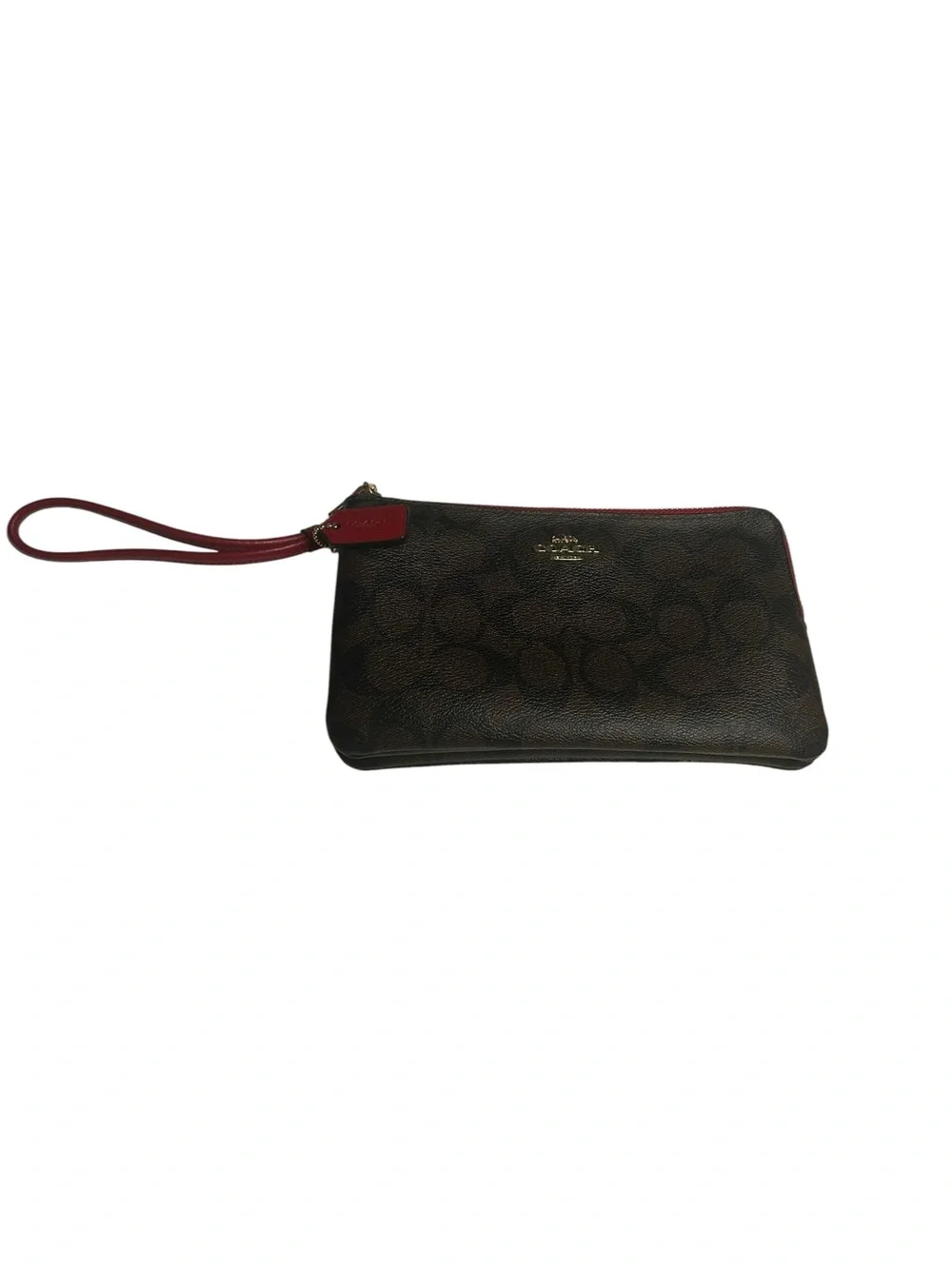 Coach Double Zip Wristlet Signature Canvas Brown Red PVC Leather Wallet Clutch